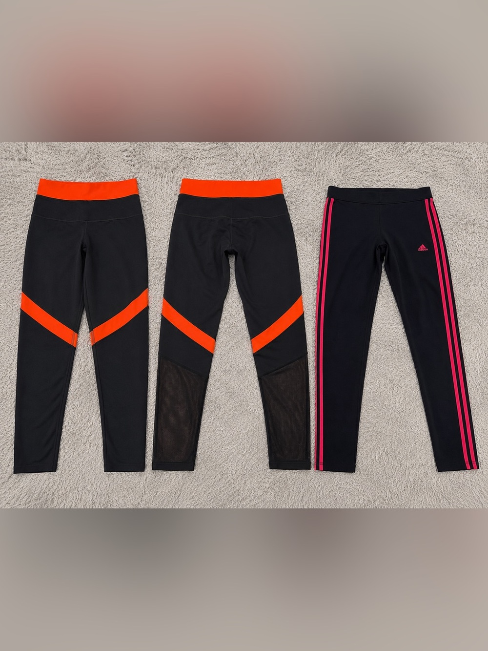 adidas Girls Black Leggings with Orange and Pink Stripes
